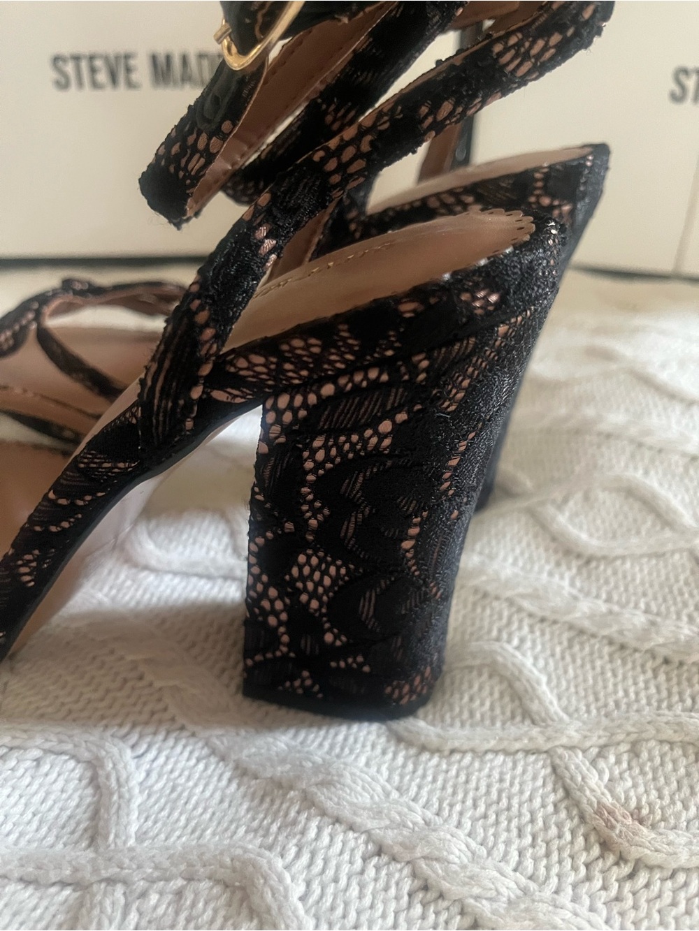 Steve Madden Black Lace Ankle-Strap Block Heel Sandals Various Sizes - Picture 14 of 16